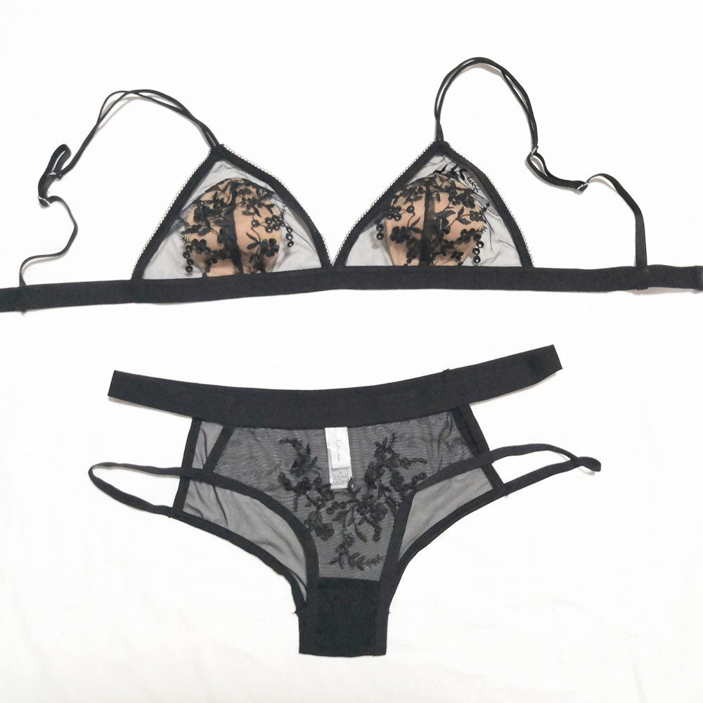 Flocking embroidered mesh yarn rimless bra set