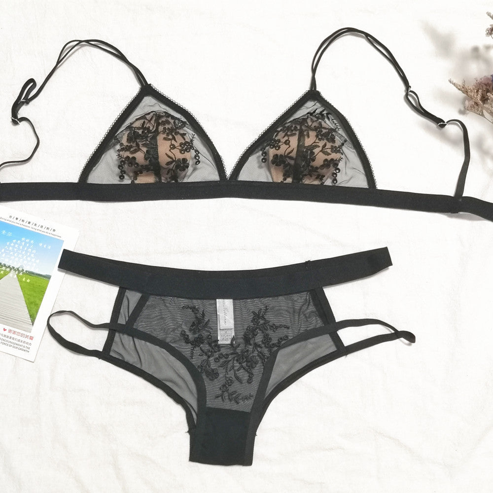 Flocking embroidered mesh yarn rimless bra set