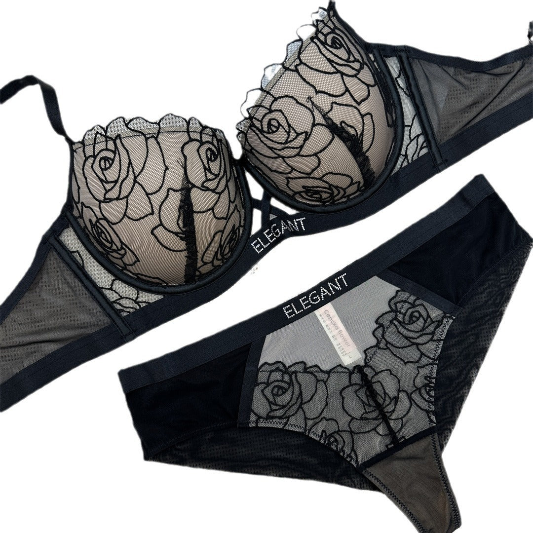 Rose lace cover with diamond text embellished bra set