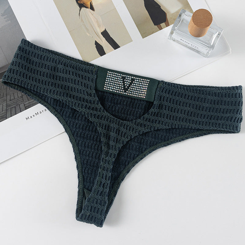 Sexy Thong Panty in Plaid fabric with diamond V-shaped decoration and hollow design