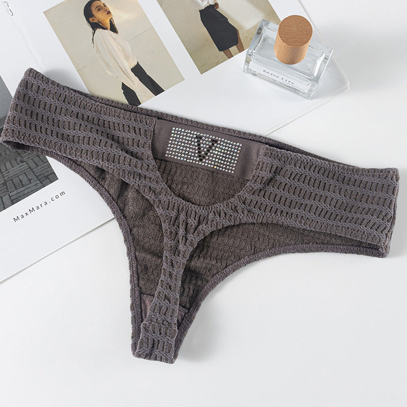 Sexy Thong Panty in Plaid fabric with diamond V-shaped decoration and hollow design