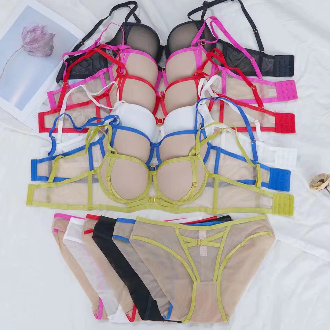 Contrasting colors and sexy gathering steel ring mold cup underwear set