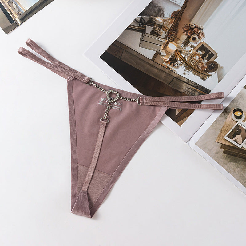 Elastic Double Waist Ribbon Diamond Love Chain Low Waist Sexy G-String Panty