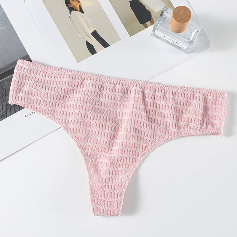 Sexy Thong Panty in Plaid fabric with diamond V-shaped decoration and hollow design
