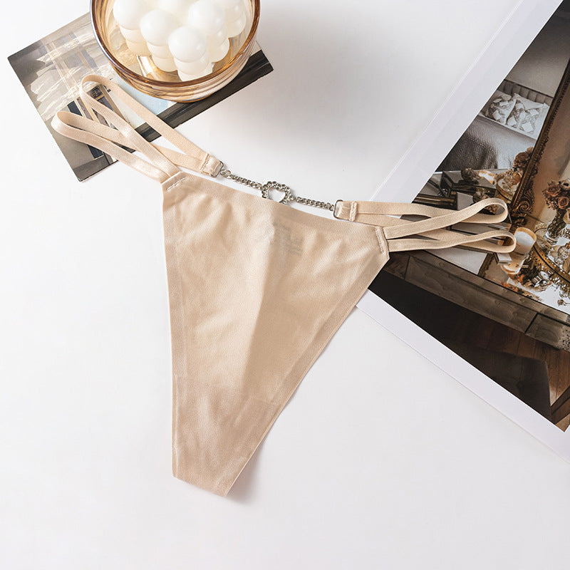 Elastic Double Waist Ribbon Diamond Love Chain Low Waist Sexy G-String Panty