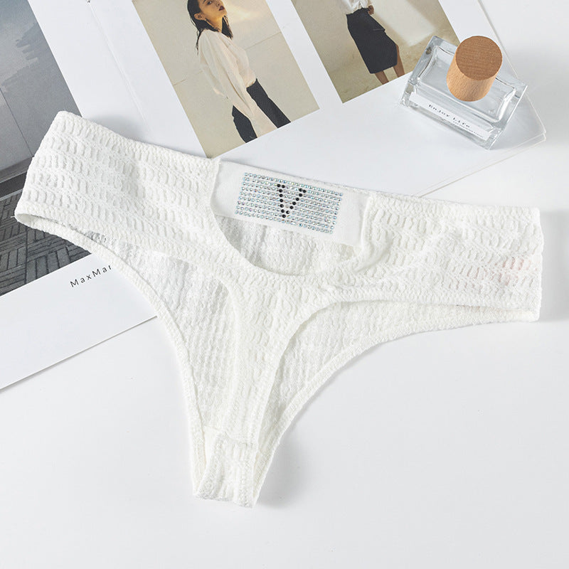 Sexy Thong Panty in Plaid fabric with diamond V-shaped decoration and hollow design