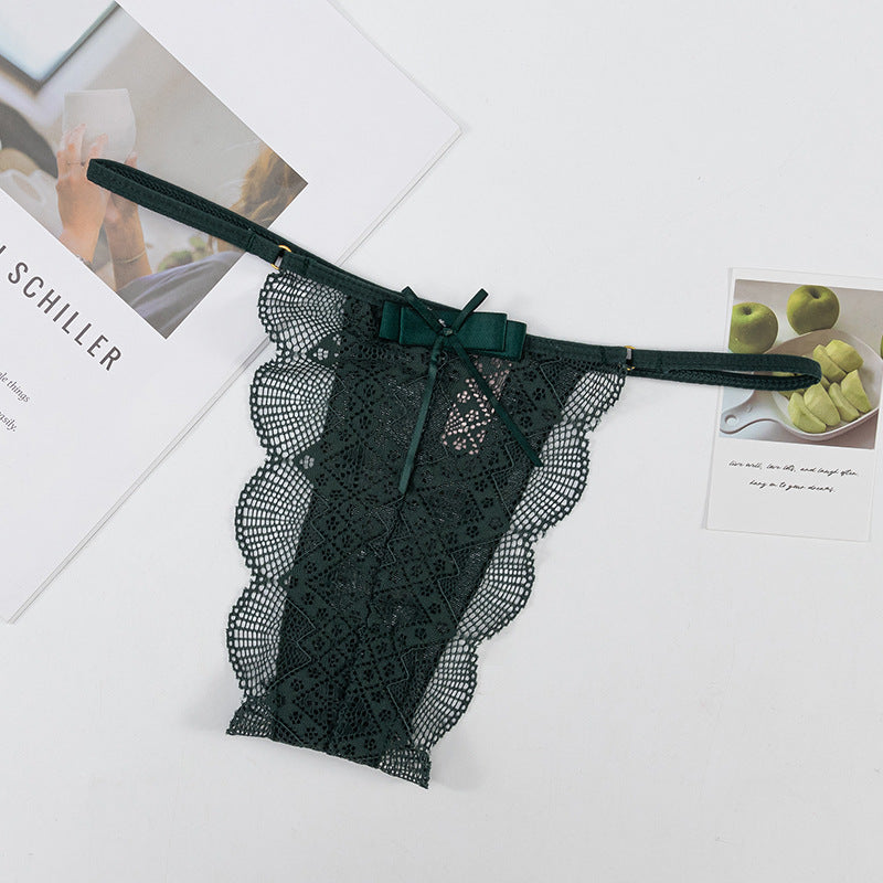 Thong Panty in shell-shaped lace trim, bow-decorated, skin-friendly, breathable, low-waist, thin-strap