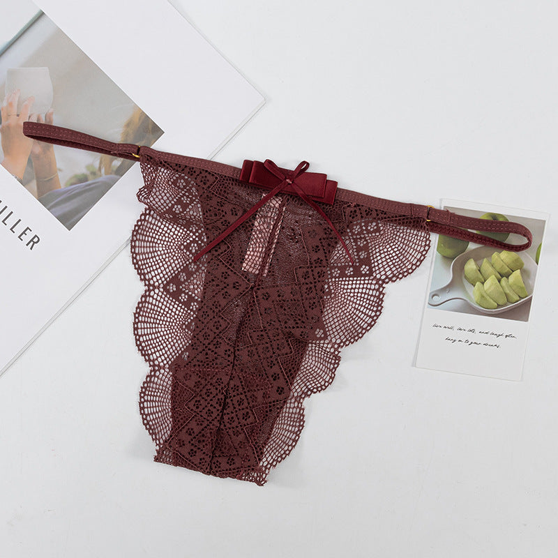 Thong Panty in shell-shaped lace trim, bow-decorated, skin-friendly, breathable, low-waist, thin-strap