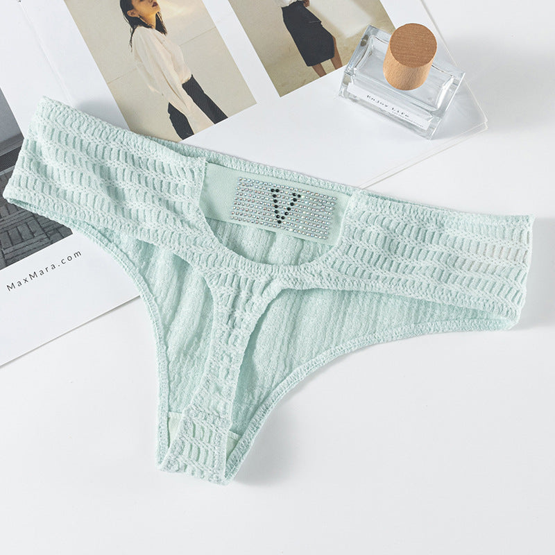 Sexy Thong Panty in Plaid fabric with diamond V-shaped decoration and hollow design