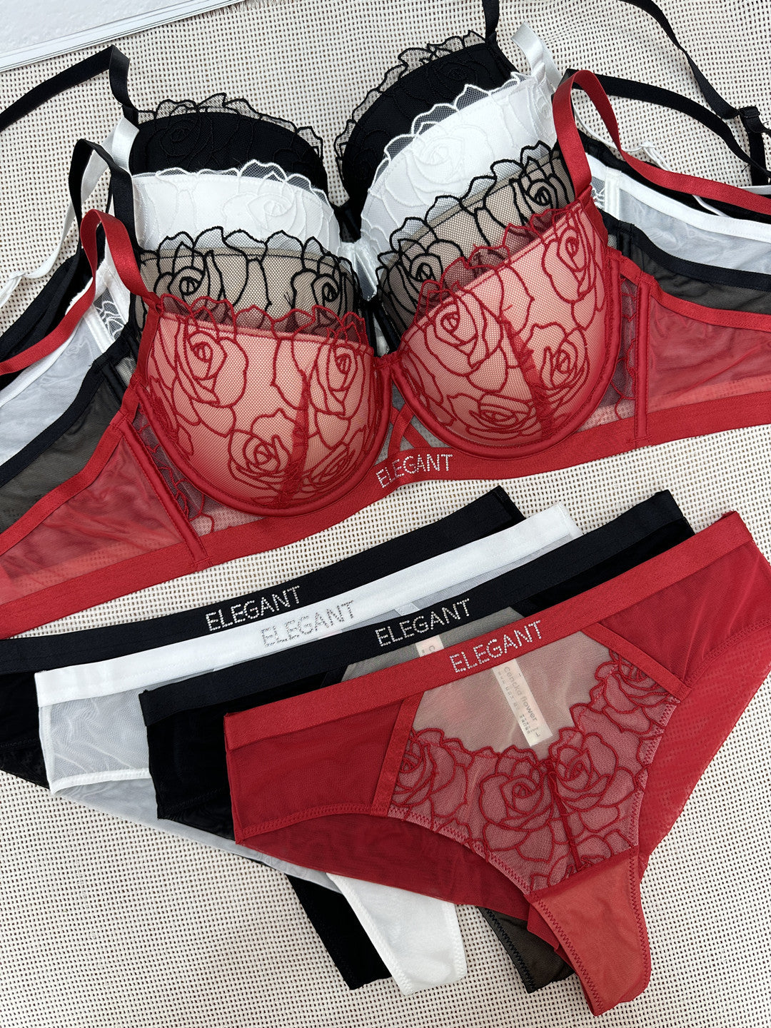 Rose lace cover with diamond text embellished bra set