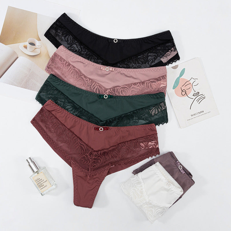 Thong Panty in Lace and Lycra, elastic waist, butterfly embellishment