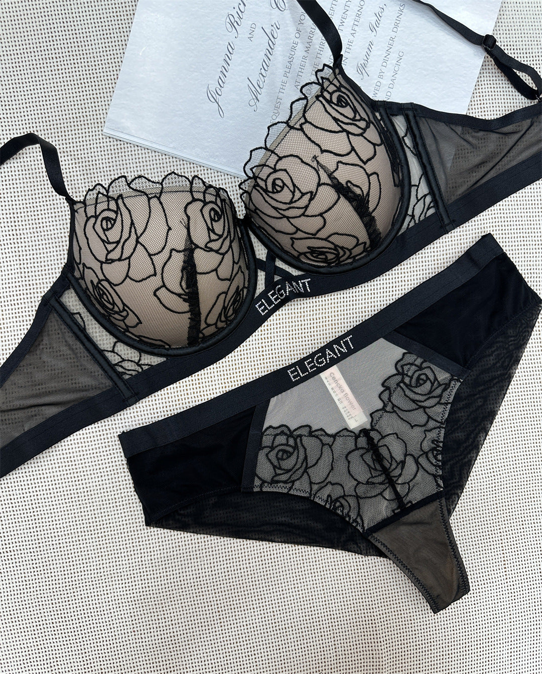 Rose lace cover with diamond text embellished bra set