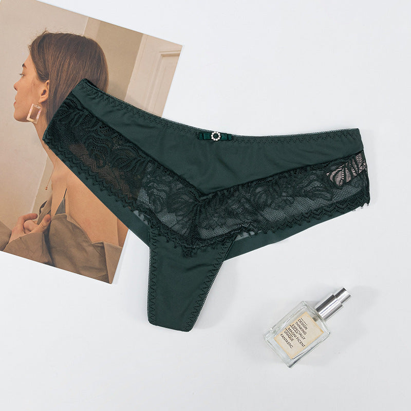 Thong Panty in Lace and Lycra, elastic waist, butterfly embellishment
