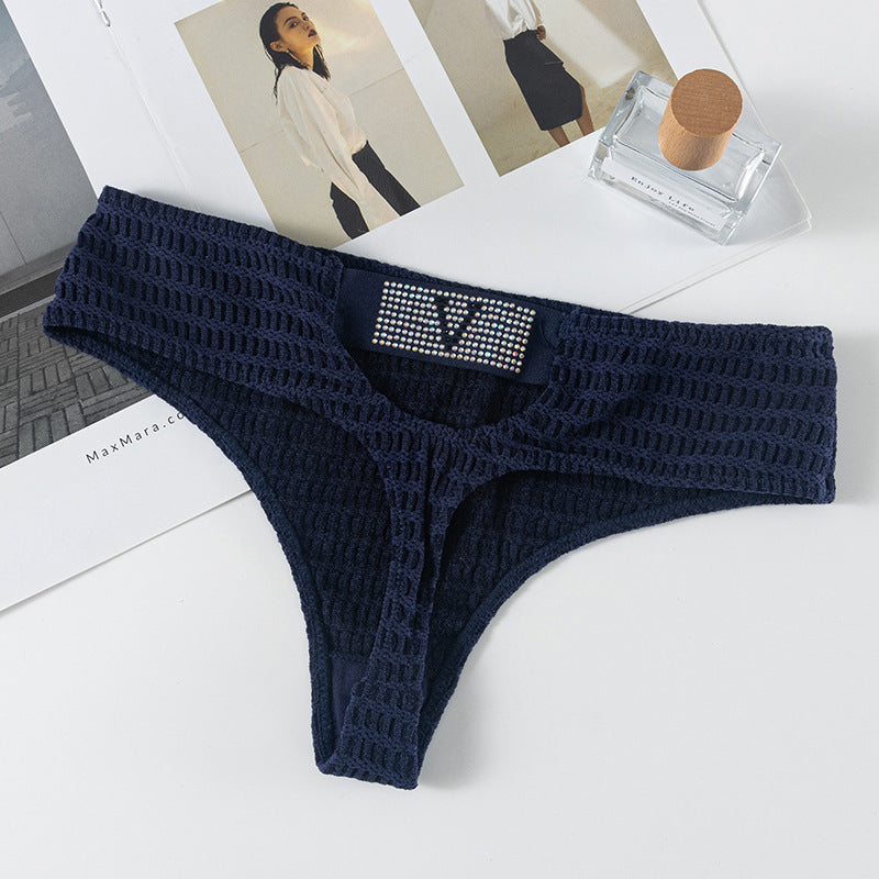 Sexy Thong Panty in Plaid fabric with diamond V-shaped decoration and hollow design