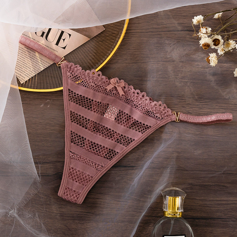 Thong Panty in hollow Mesh V-Diamond Buckle Strap Lace