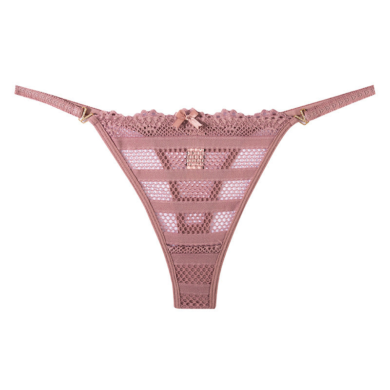 Thong Panty in hollow Mesh V-Diamond Buckle Strap Lace