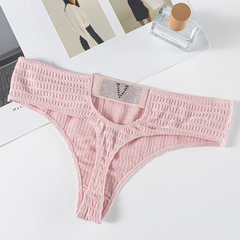 Sexy Thong Panty in Plaid fabric with diamond V-shaped decoration and hollow design