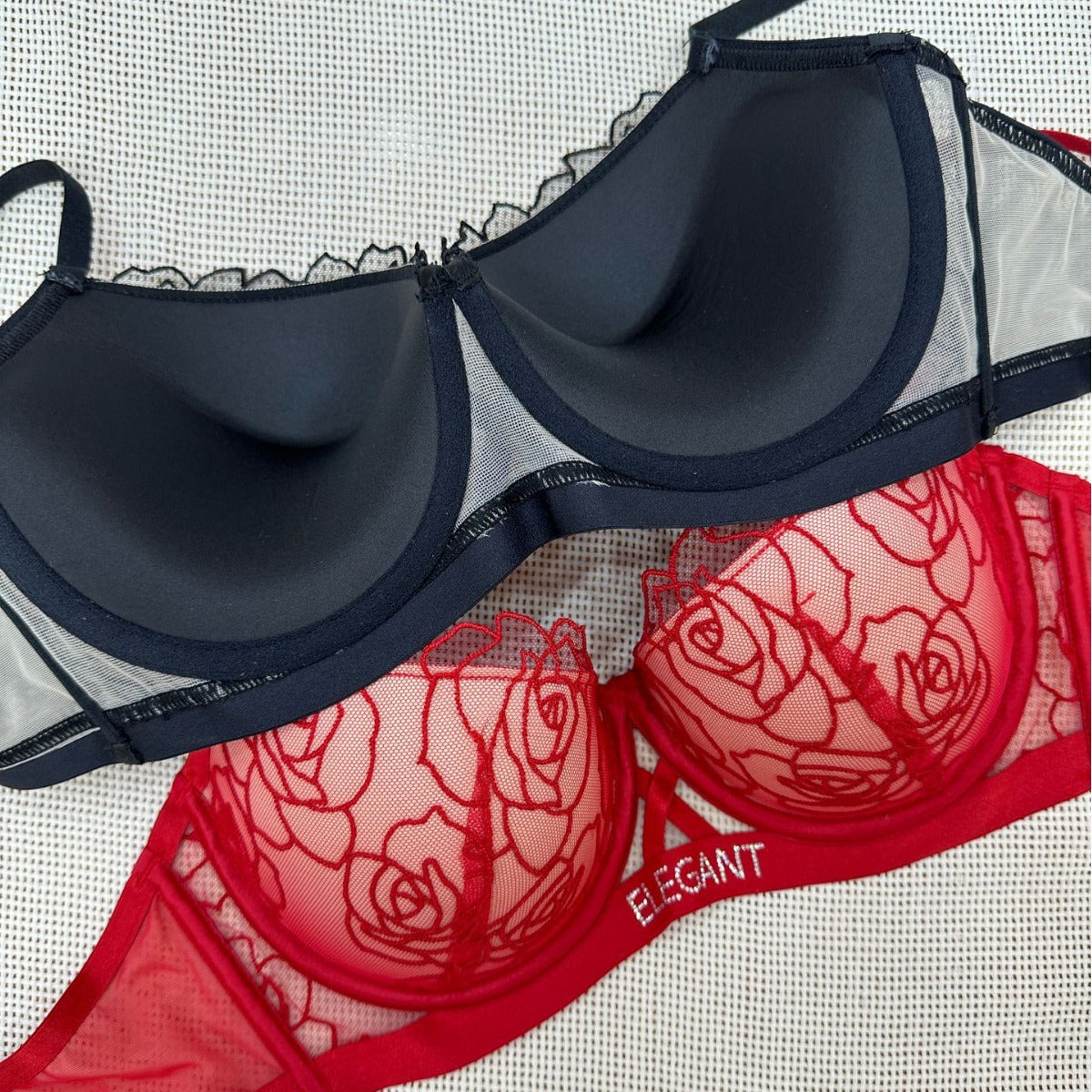 Rose lace cover with diamond text embellished bra set