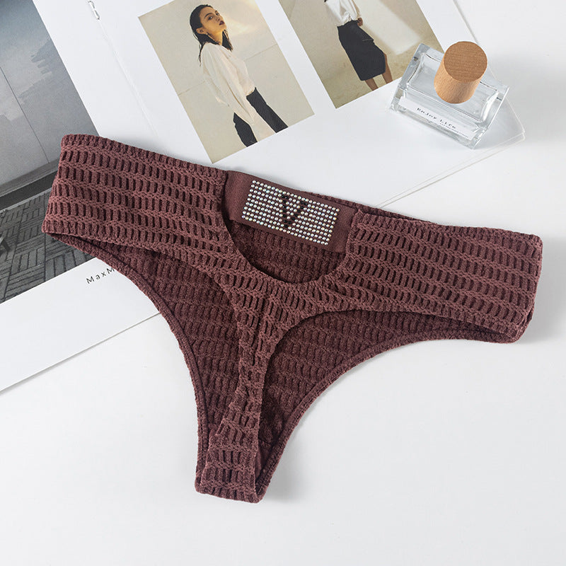 Sexy Thong Panty in Plaid fabric with diamond V-shaped decoration and hollow design