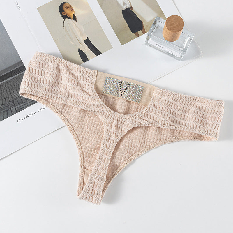 Sexy Thong Panty in Plaid fabric with diamond V-shaped decoration and hollow design