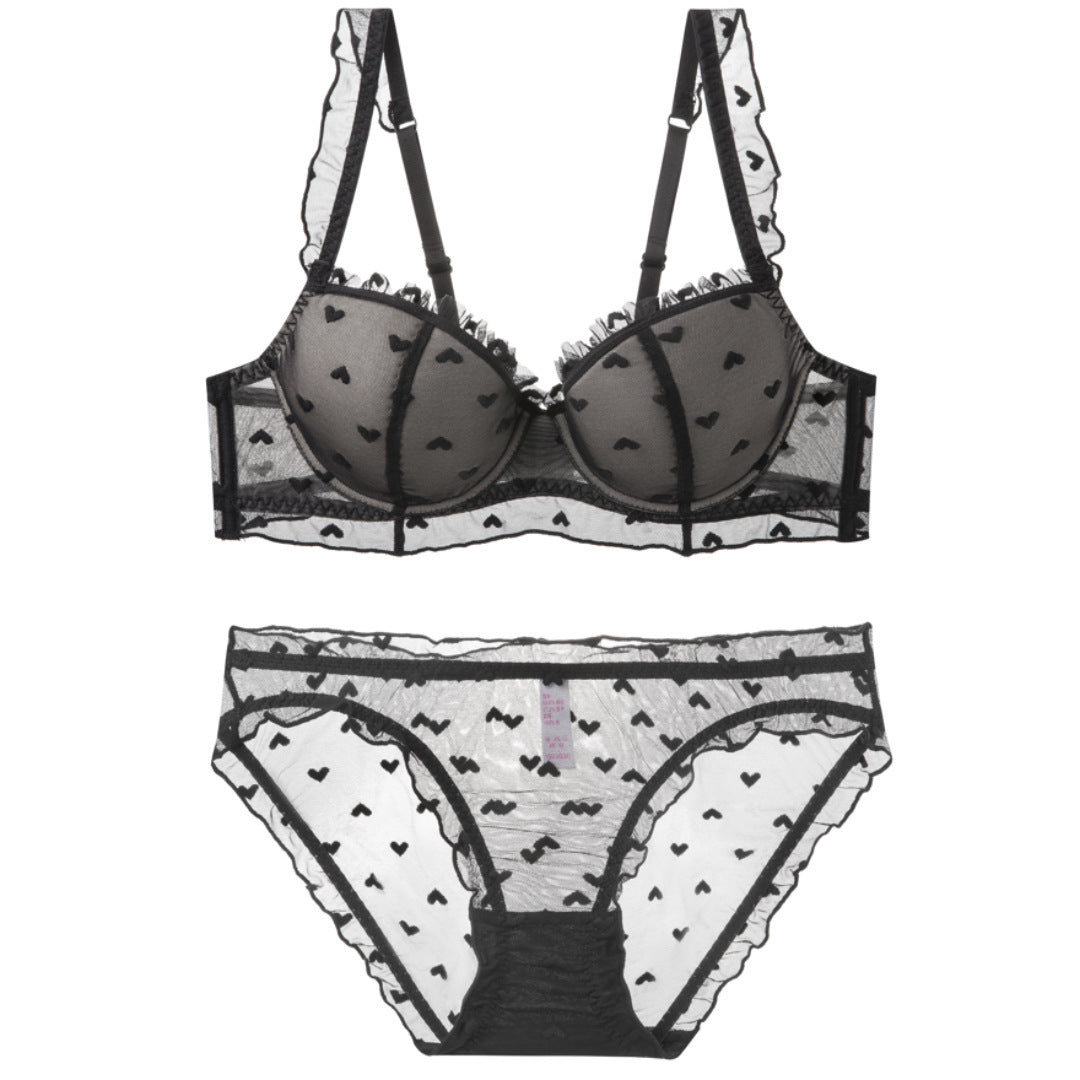 Lotus leaf edge shoulder strap love lace covering thin cotton steel ring gathering bra set
