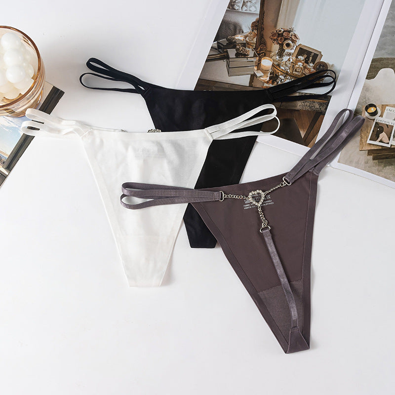 Elastic Double Waist Ribbon Diamond Love Chain Low Waist Sexy G-String Panty