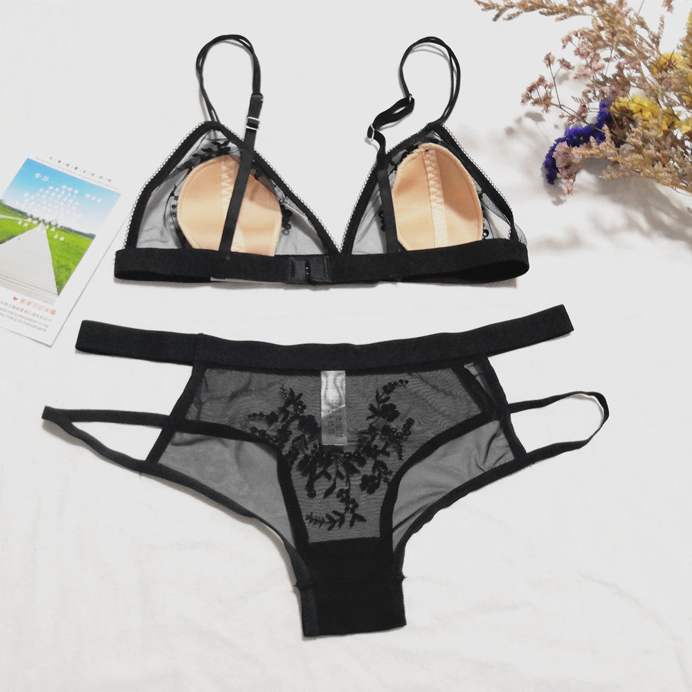 Flocking embroidered mesh yarn rimless bra set