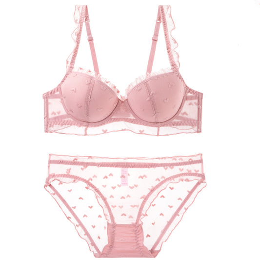 Lotus leaf edge shoulder strap love lace covering thin cotton steel ring gathering bra set