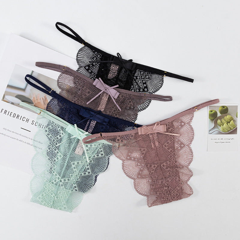 Thong Panty in shell-shaped lace trim, bow-decorated, skin-friendly, breathable, low-waist, thin-strap