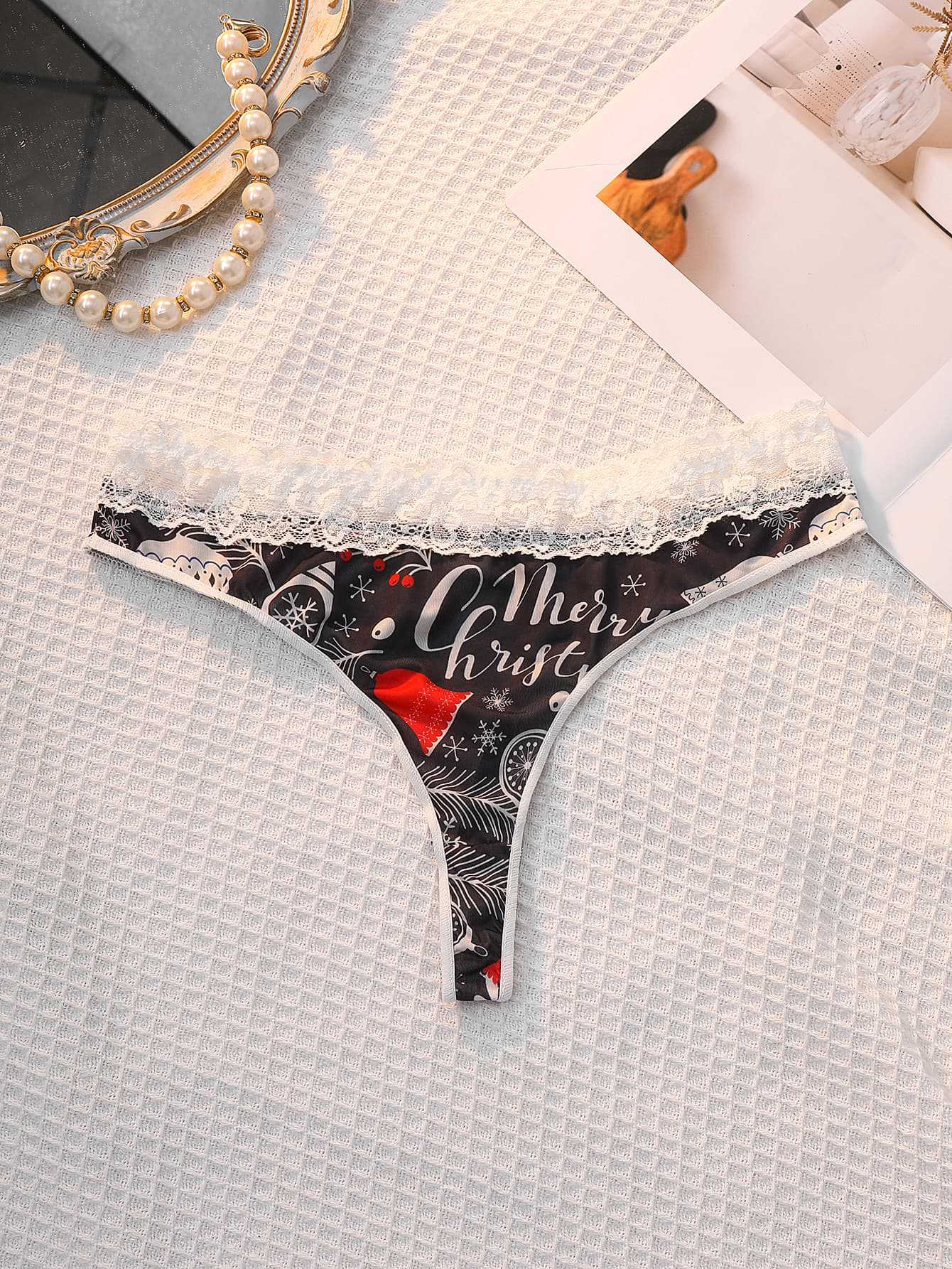 Christmas ladies panties thong, mid-waist breathable lace print contrasting briefs