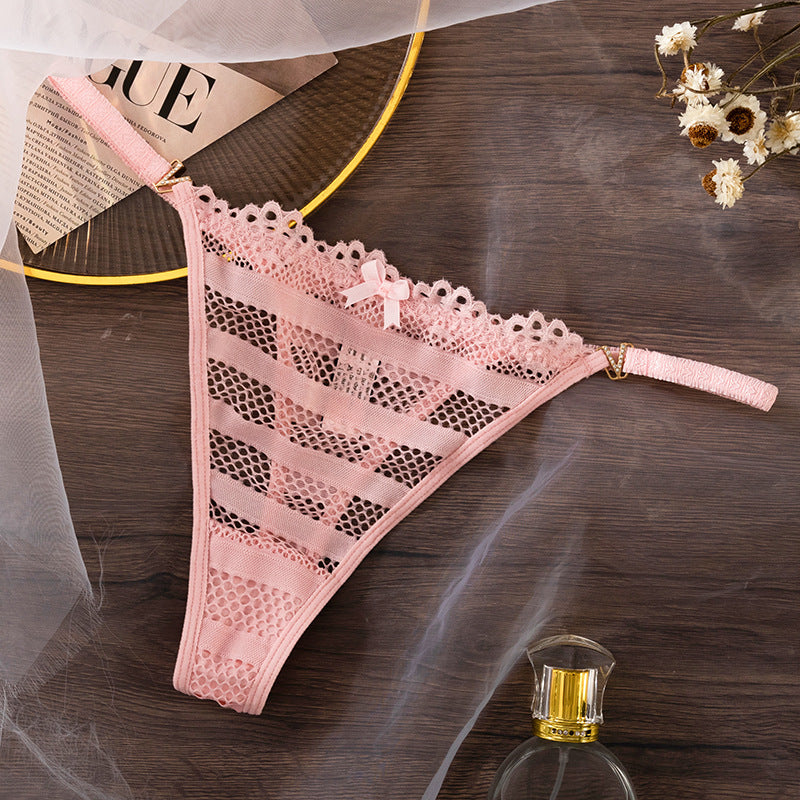 Thong Panty in hollow Mesh V-Diamond Buckle Strap Lace
