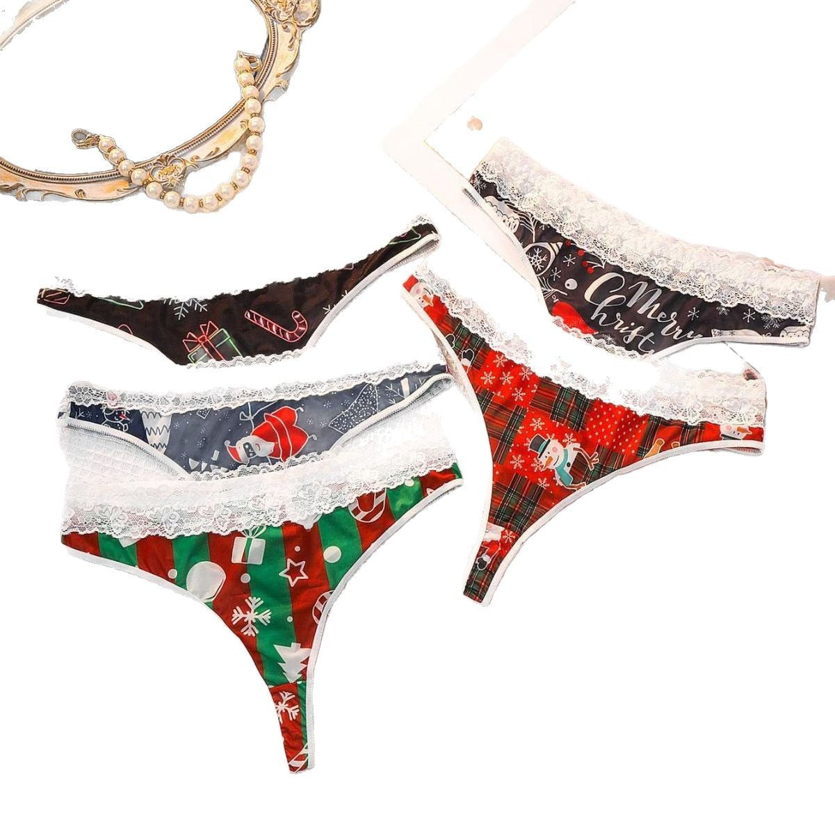 Christmas ladies panties thong, mid-waist breathable lace print contrasting briefs
