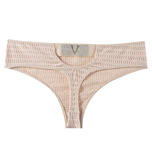 Sexy Thong Panty in Plaid fabric with diamond V-shaped decoration and hollow design