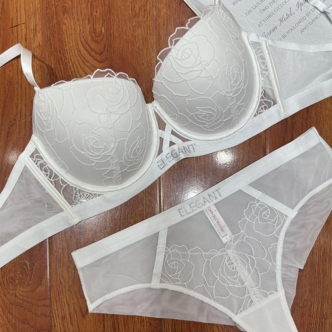 Rose lace cover with diamond text embellished bra set