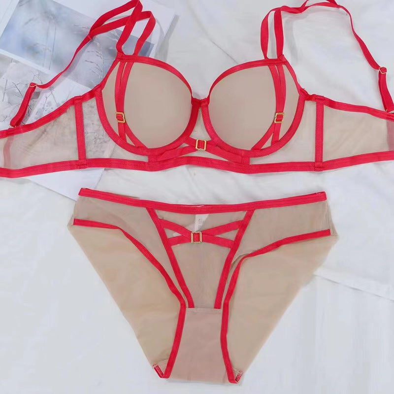 Contrasting colors and sexy gathering steel ring mold cup underwear set