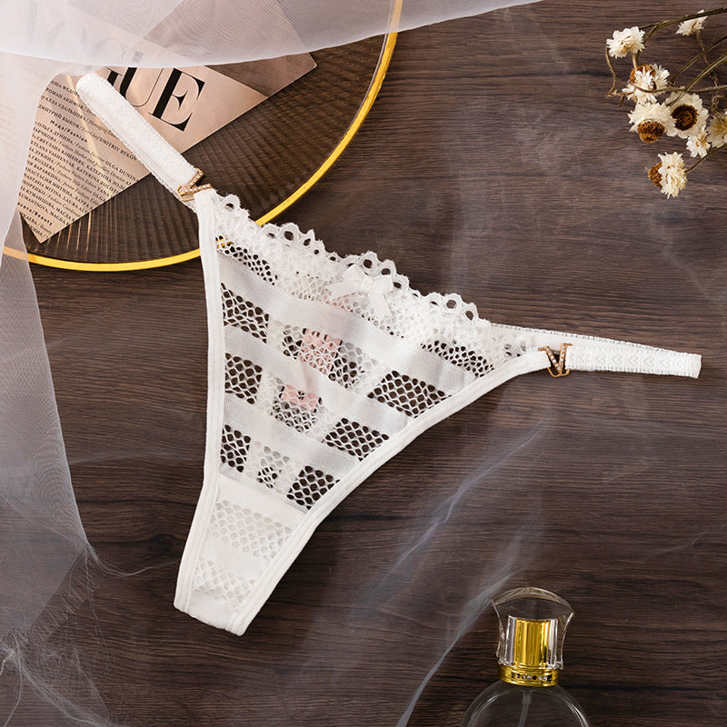 Thong Panty in hollow Mesh V-Diamond Buckle Strap Lace
