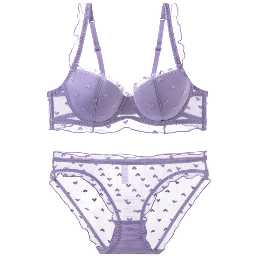 Lotus leaf edge shoulder strap love lace covering thin cotton steel ring gathering bra set