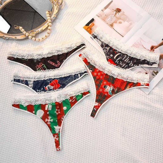 Christmas ladies panties thong, mid-waist breathable lace print contrasting briefs