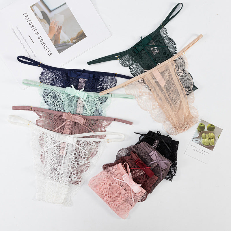 Thong Panty in shell-shaped lace trim, bow-decorated, skin-friendly, breathable, low-waist, thin-strap