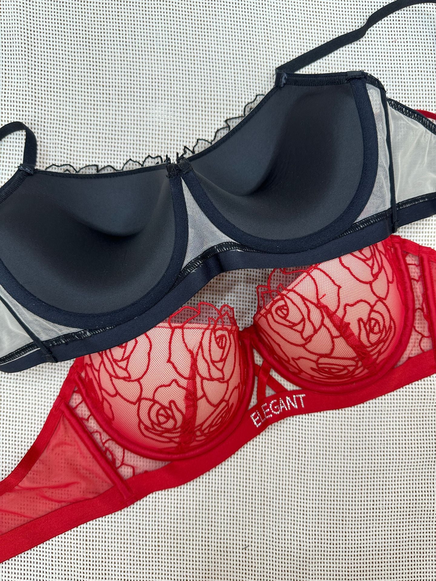 Rose lace cover with diamond text embellished bra set