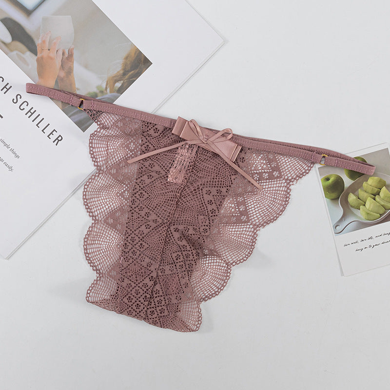 Thong Panty in shell-shaped lace trim, bow-decorated, skin-friendly, breathable, low-waist, thin-strap