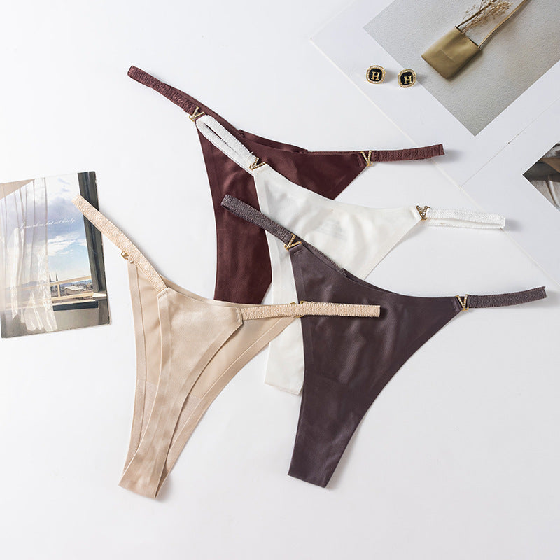 Ice silk nude seamless v-button low-rise Thong Panty