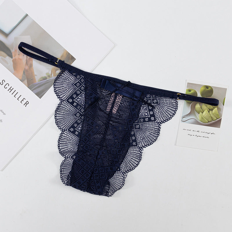 Thong Panty in shell-shaped lace trim, bow-decorated, skin-friendly, breathable, low-waist, thin-strap