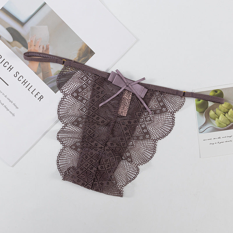 Thong Panty in shell-shaped lace trim, bow-decorated, skin-friendly, breathable, low-waist, thin-strap