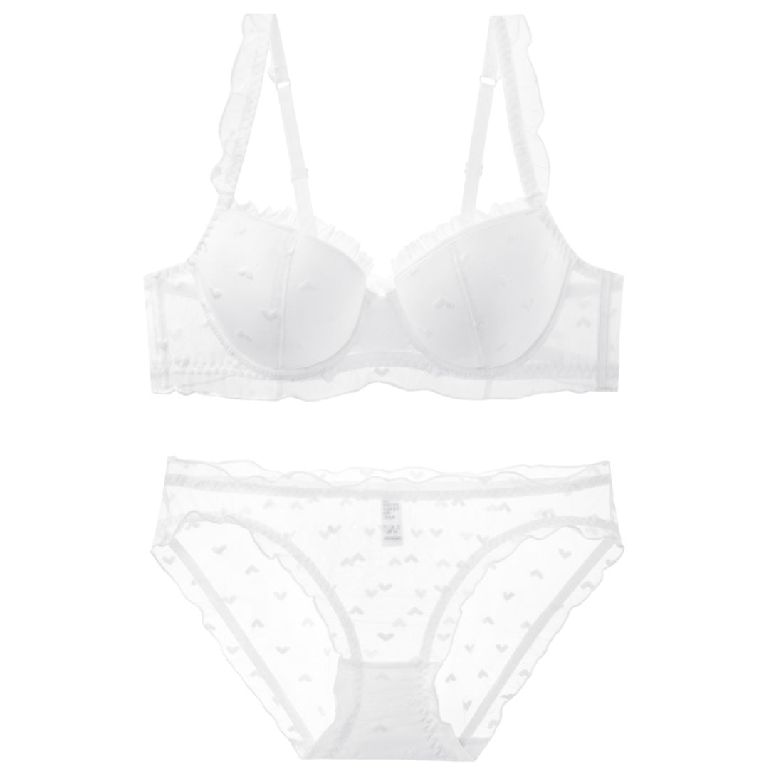 Lotus leaf edge shoulder strap love lace covering thin cotton steel ring gathering bra set