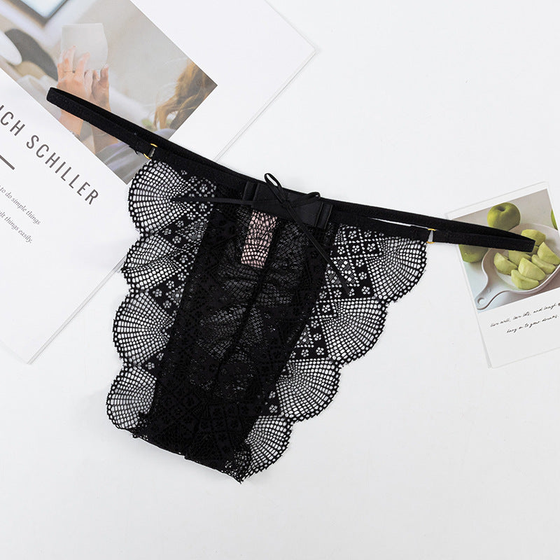 Thong Panty in shell-shaped lace trim, bow-decorated, skin-friendly, breathable, low-waist, thin-strap