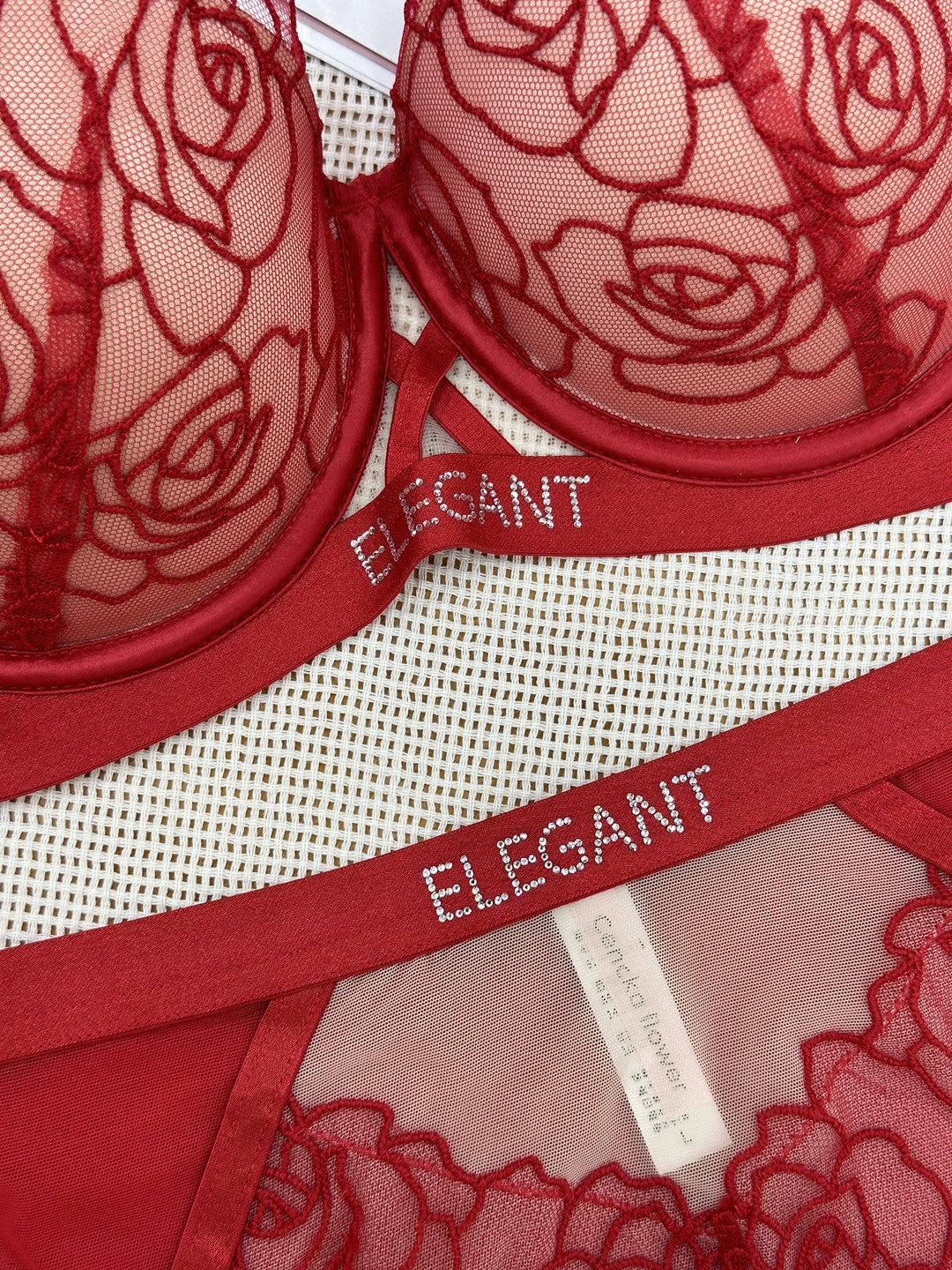 Rose lace cover with diamond text embellished bra set