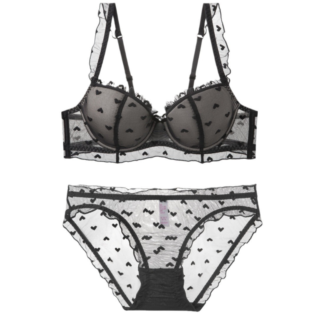 Lotus leaf edge shoulder strap love lace covering thin cotton steel ring gathering bra set
