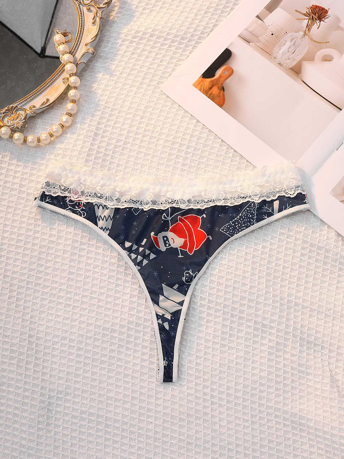 Christmas ladies panties thong, mid-waist breathable lace print contrasting briefs
