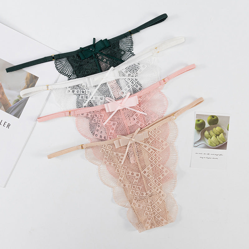 Thong Panty in shell-shaped lace trim, bow-decorated, skin-friendly, breathable, low-waist, thin-strap